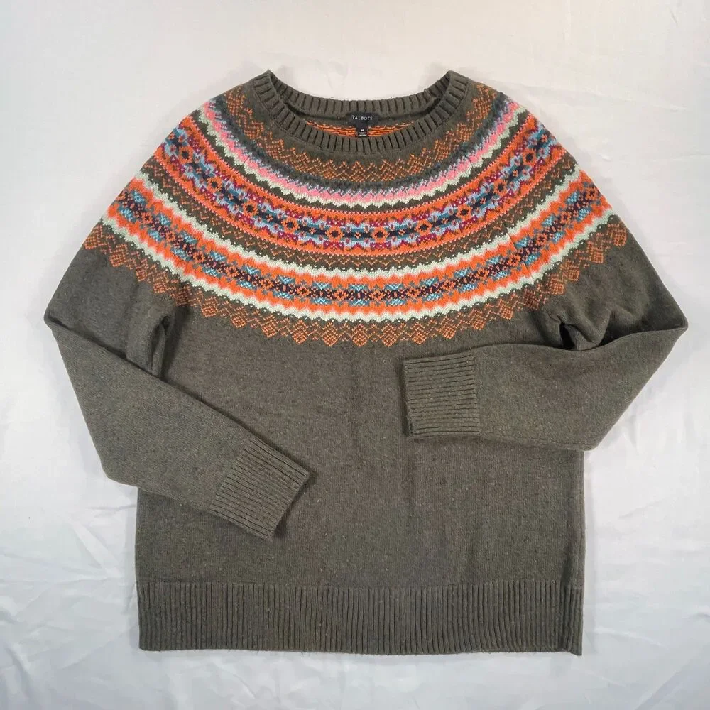 Talbots Fair Isle Knit Circular Yoke Sweater M Olive Orange Crewneck Cabin Fall